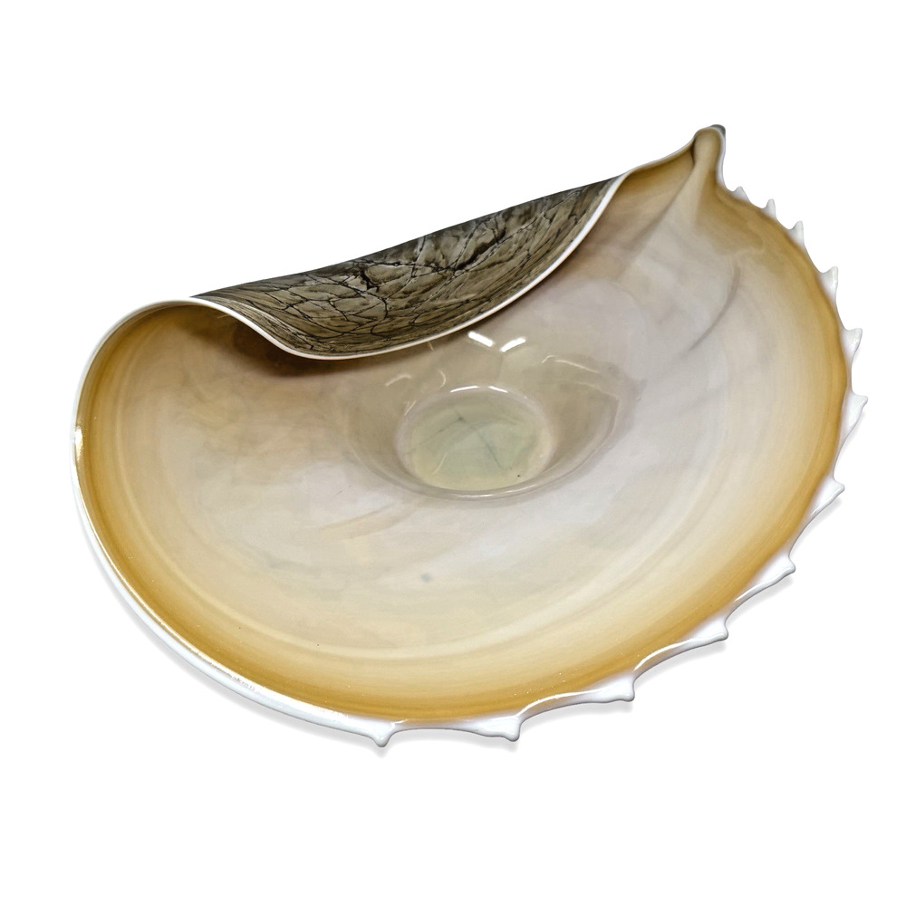 Large Murano Style Art Glass Seashell Bowl Hand Blown Coastal Centerpiece
